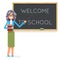 Teacher book female study pupil student class education lesson character icon classroom school board background vector