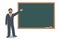 Teacher with chalk near blackboard. School, education illustration