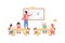 Teacher and children during preschool biology class flat color vector faceless characters