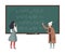 Teacher explains to student algebra on the blackboard vector illustration