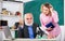 Teacher and girl with notepad near chalkboard. College university education. Biology science. Biologist or chemist with