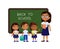 Teacher greeting pupils in classroom flat vector illustration. Boys and girls dressed in school uniform and female teacher