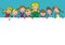 Teacher and group of happy children, front view, banner, vector funny illustration