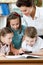 Teacher with her pupils examine something