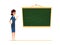 Teacher, mentor or coach standing in front of blank school blackboard. vector illustration. Female trainer in glasses pointing and