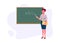 Teacher with pointer shows on the blackboard. A young girl with a pointer and a folder in her hand stands near the