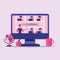 Teacher And Pupils Having Online Class, Pink Background, Vector