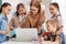 Teacher and pupils using laptop at school