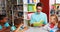 Teacher reading book in library