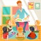 Teacher Reading for Cute Kids in The Kinder Garden. Elementary Students and Teacher Man. Cartoon Style Vector