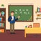 Teacher Stand in Blackboard in Classroom. Vector.