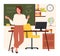 Teacher standing at blackboard in classroom, woman training students of school, teaching