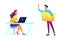 Teacher standing and pointing and student sitting at the desks vector illustration.