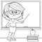 Teacher teaching in the classroom. Vector black and white coloring page.