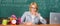 Teacher woman sit table classroom chalkboard background. Present lesson in comprehensive manner to facilitate learning