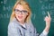 Teacher wonder about result. Solve mathematics task. Do you know how solve that task. Woman wear eyeglasses smart