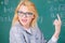 Teacher wonder about result. Solve mathematics task. Do you know how solve that task. Woman wear eyeglasses smart
