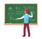 Teacher write on blackboard. School professor teach students, explaining charts formulas graphs on chalkboard vector