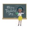 Teachers day greeting card. An afro-american teacher standing at a chalkboard