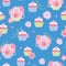 Teacups full of flowers and delicious cupcakes seamless vector pattern in pink blue and green