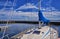 Teak deck of cruising sailing boat on anchor. WarnemÃ¼nde