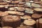 Teak wood stumps background with narrow focus