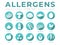Teal Allergens Icon Set. Allergens, Mushroom, Shellfish, Fish, Egg, Garlic, Milk, Soy Red Meat, Celery, Fruit, Seed, Legume and
