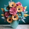 Teal And Amber Paper Flowers Vase: Bold And Vibrant Paper Art Design