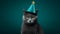 Teal backdrop, cat with hat purring birthday wishes