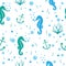 Teal and blue ocean theme seahorse vector seamless pattern for background and wallpaper