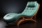 A teal-colored leather chaise lounge with a curvaceous wooden frame is positioned against a black backdrop, showcasing