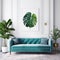 Teal colored sofa with white wall and tropical plants background Generative AI