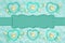 Teal frame hearts, teddy bears and rose buds on pale teal rose plush fabric with ribbon background