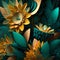 Teal and goldenfantasy flower Illustration for prints, wall art, cover and invitation