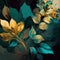 Teal and goldenfantasy flower Illustration for prints, wall art, cover and invitation. Watercolor art background