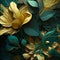 Teal and goldenfantasy flower Illustration for prints, wall art, cover and invitation. Watercolor art background