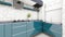 Teal green and blue kitchen 3d visualization perspective