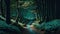 Teal leaves in the forest. Path between the trees. Abstract Woods. Woodland background wallpaper.