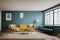Teal Mid Century Living Interior with Yellow Accent Sofa and Blank Photo Frame Mockup
