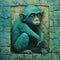 Teal Monkey In Stone Window: Aaron Jasinski Inspired Post-impressionism Wall Art