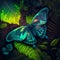 Teal neon butterfly on tropical leaves and flowers on dark flloral background