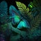 Teal neon butterfly on tropical leaves and flowers on dark flloral background