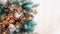 Teal orange Christmas background with decorated tree toys. Celebrate on the Christmas tree with colorful balloons decorations