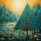 Teal Pointillism Painting Of Mountains With Trees In Jeremiah Ketner Style