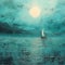 Teal Pre-raphaelite Seascape Abstract: Sailing Boat Under Moon And Clouds