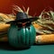 Teal pumpkin in a cornfield wearing sunglasses. Food allergy halloween awareness.