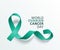 Teal ribbon banner for world ovarian cancer day on white background