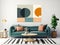 Teal sofa and big mockup poster frame on white wall. Scandinavian interior design of modern living room. Created with generative