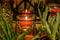 Tealight candle illuminating small potted succulent plants