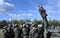 Team-building exercise: soldiers standing and going to catch their fellow falling down. Novo-Petrivtsi military base, Ukraine